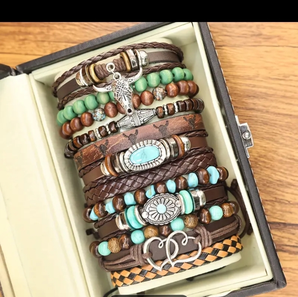 Brown and Turquoise Beaded Bracelet 12 Piece Set - Picture 4 of 5